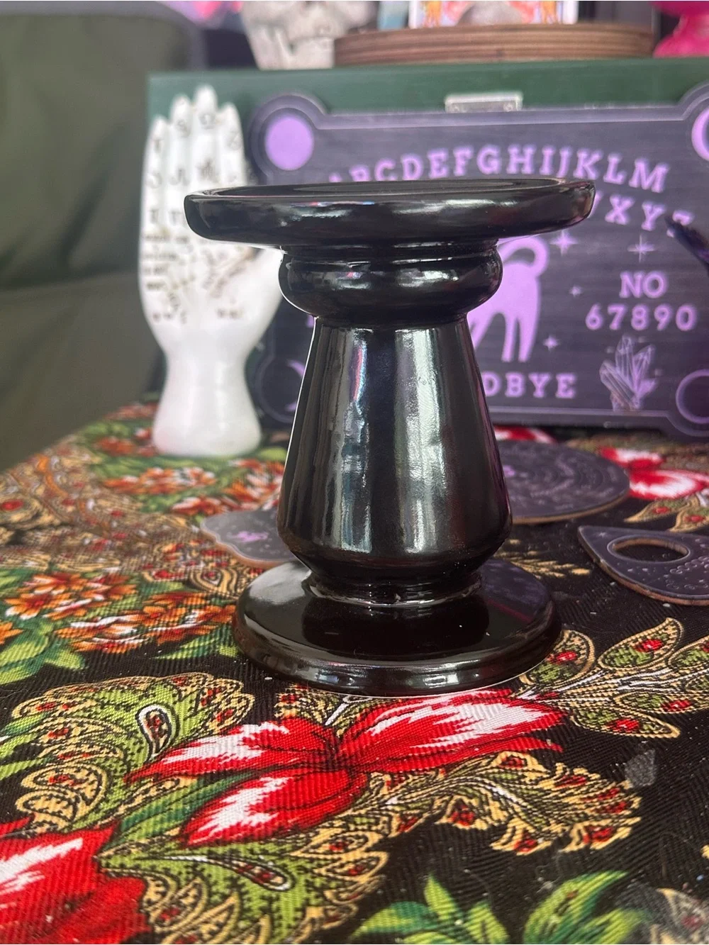Black Ceramic Pillar Candle Holder | Gothic Altar Décor